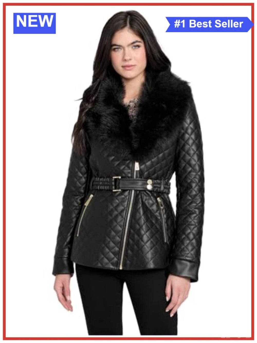 Quilted Faux Leather Moto Jacket Removable Fur Collar Belt